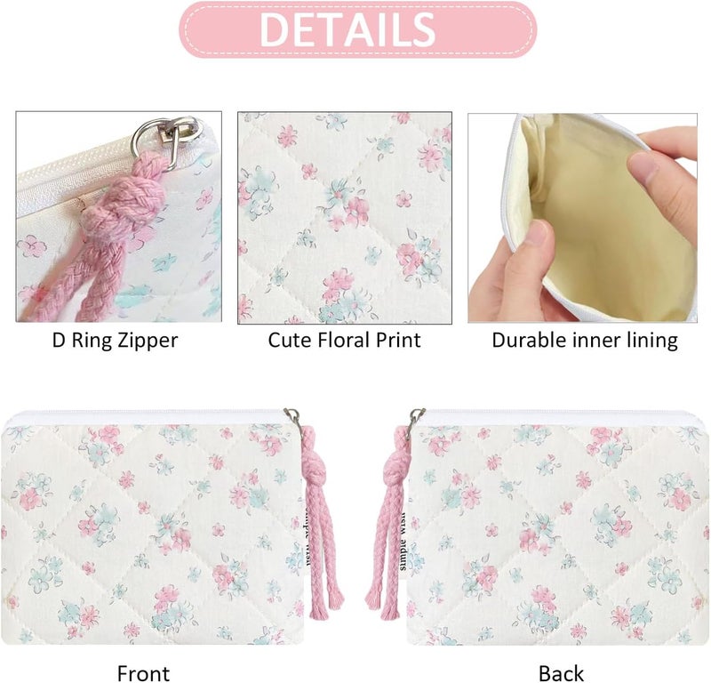 Modacarry Store Cotton Quilted Floral Coin Purse Digital Camera Pouch with Cute Prints Zipper for Women Girls (BLUE PINK) - Image 4